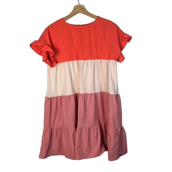Boutique Red & Pink Ruffle Colorblock Shift Mini Dress S - Picture 2 of 4